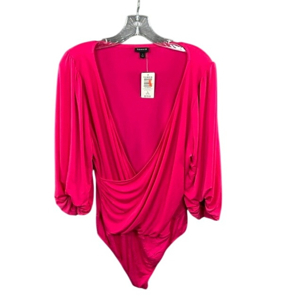 Torrid Studio Knit Surplice Bodysuit 1X Pink Peacock Long Sleeve NWT #41165137